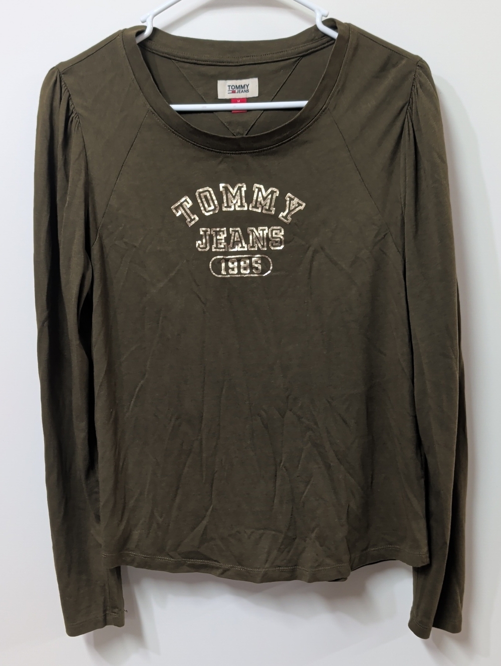 Tommy Jeans Olive Green Metallic Logo Puff Sleeve Long Sleeve Top